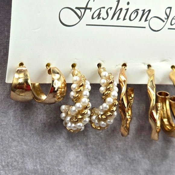 Gold Hoop Dangle Set of Five Pearl Spiral Dangle Earrings Fashion Jewelry JB2-62 - Picture 4 of 4